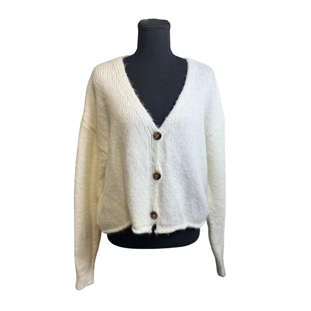 Urban Outfitters Kai Cardigan Women Medium White Excellent Fuzzy Cropped V-Neck